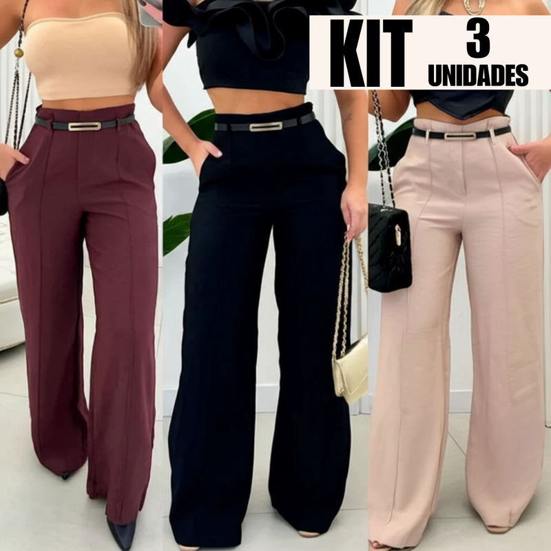 Kit 3 Calças Pantalona Alfaiataria ZАRА Cintura Alta com Cinto